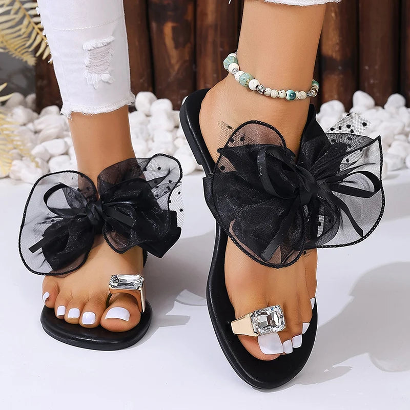 Oversized Organza Bow Platform Thong Sandals, product view 9 - Rose in Concrete