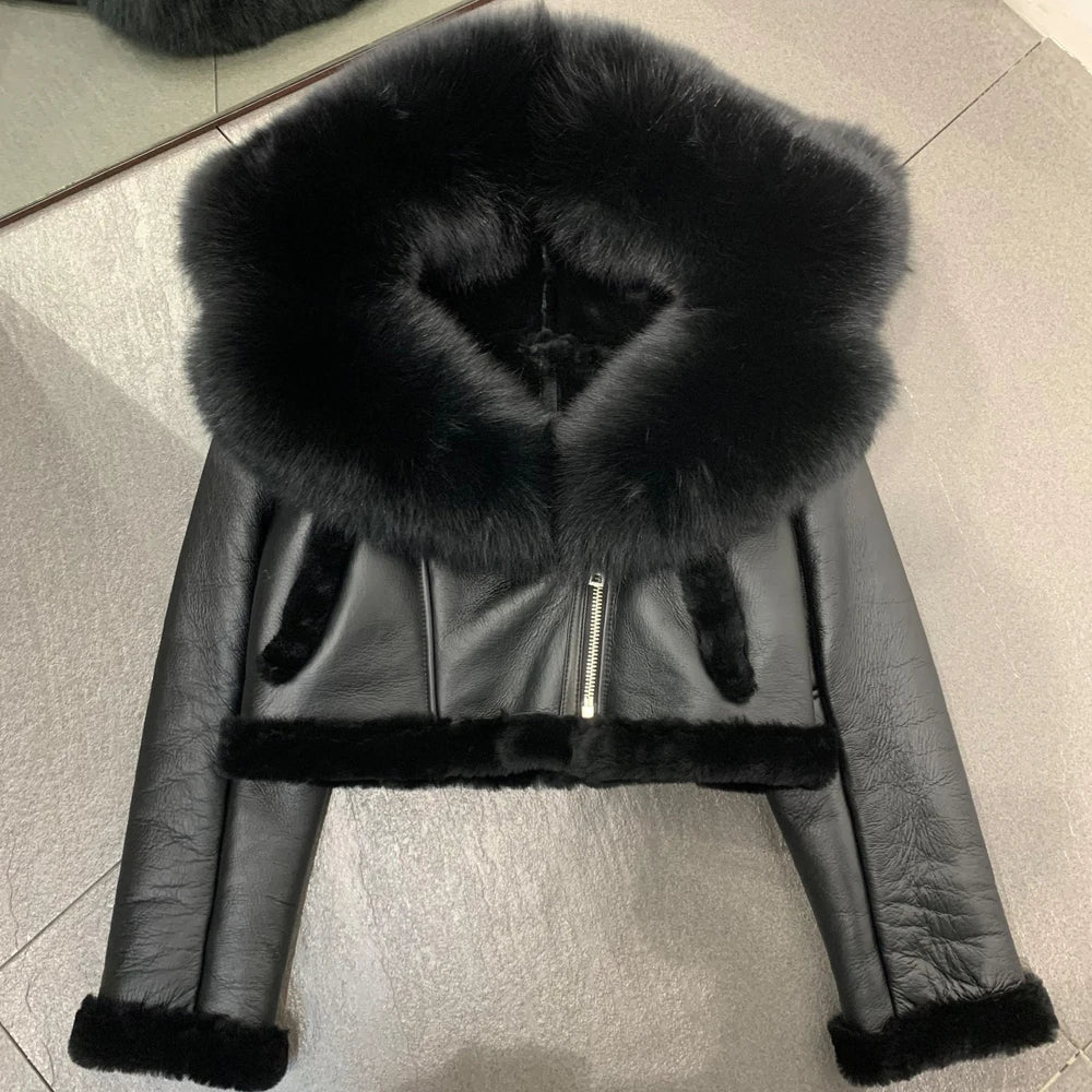 Alt Tag: Shearling Luxe Fur-Collar Leather Jacket – Premium Winter Outerwear black leather jacket with oversized fur collar