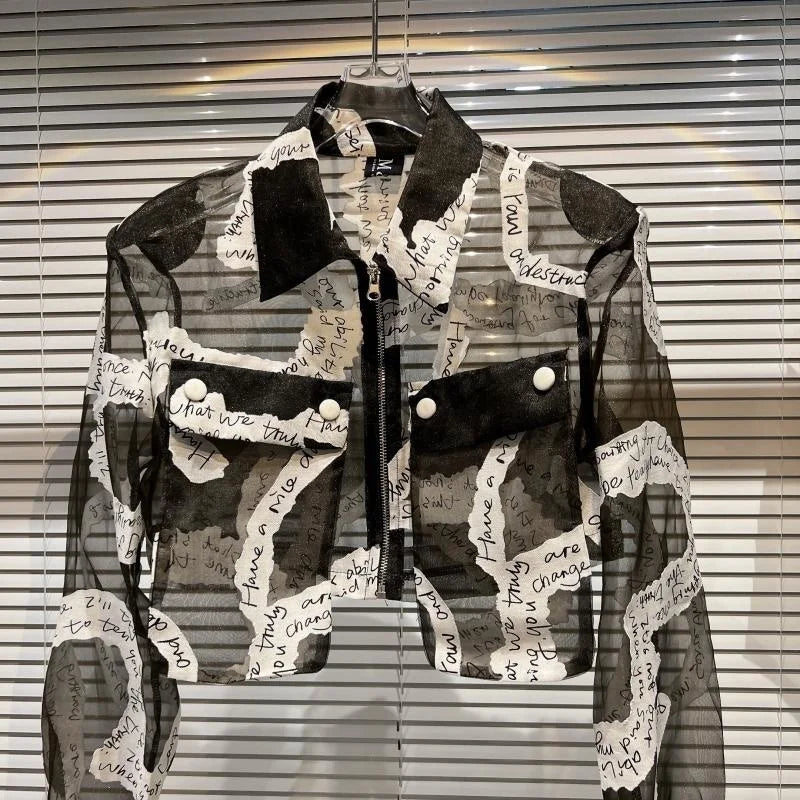 Transparent Mesh Crop Jacket – Turn-Down Collar & Lantern Sleeves - Rose In Concrete 🥀