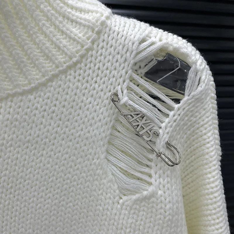 Distressed Half-Zip High Collar Knit Sweater in white chunky knit with shredded distressing and statement zipper hardware close-up
