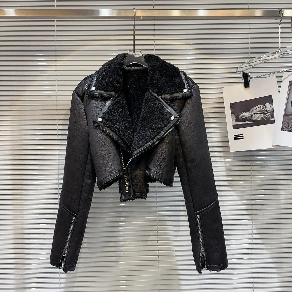 Faux-Leather Shearling Moto Jacket Cropped Winter Biker Coat - Rose In Concrete 🥀