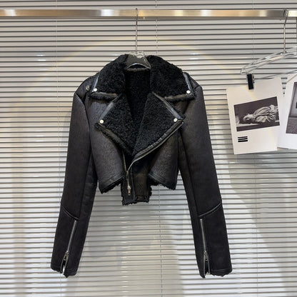 Faux-Leather Shearling Moto Jacket Cropped Winter Biker Coat - Rose In Concrete 🥀