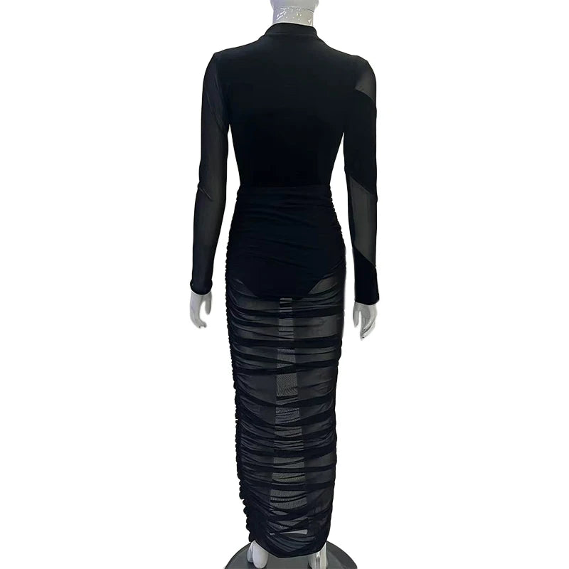 Alt Tag: Black Velvet + Mesh Illusion back view mock-neck bodysuit with sheer mesh panels and ruched maxi skirt, sculpting evening set