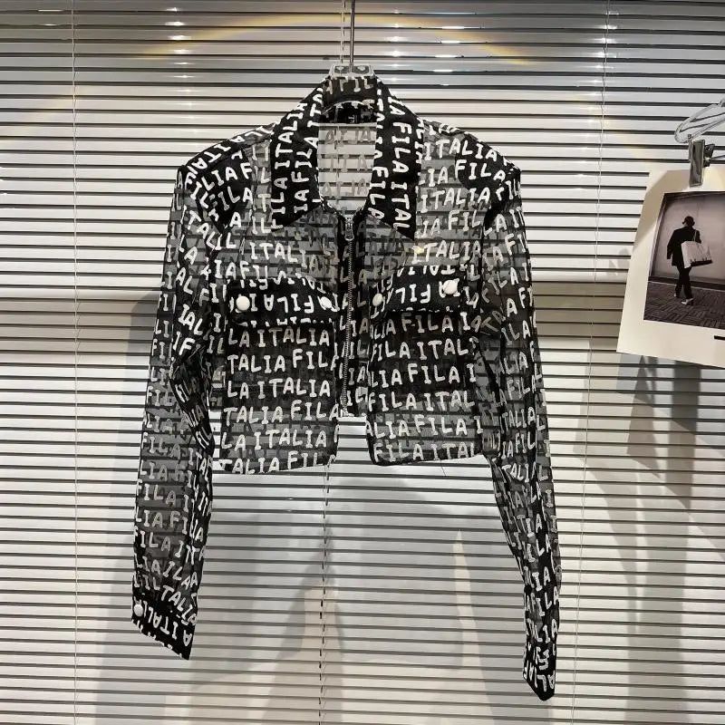 Transparent Mesh Crop Jacket – Turn-Down Collar & Lantern Sleeves - Rose In Concrete 🥀