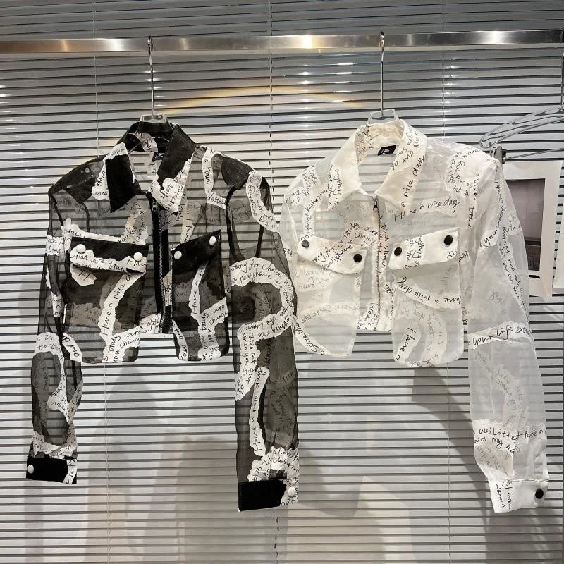 Transparent Mesh Crop Jacket – Turn-Down Collar & Lantern Sleeves - Rose In Concrete 🥀