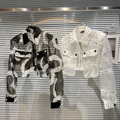 Transparent Mesh Crop Jacket – Turn-Down Collar & Lantern Sleeves - Rose In Concrete 🥀