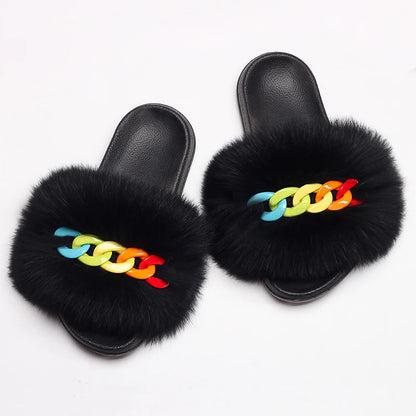 Women’s Fluffy Fox Fur Chain Slides