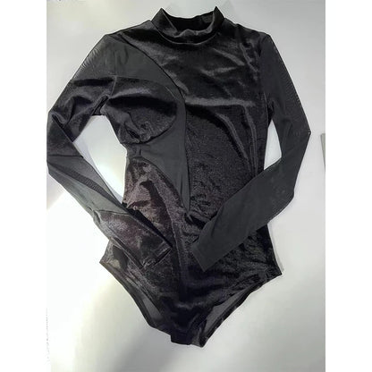 Black Velvet + Mesh Illusion velvet mock-neck bodysuit with sheer mesh panels, long sleeves, sculpting luxury 2-piece maxi set