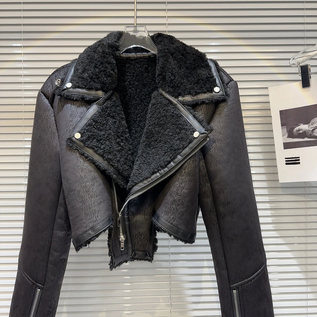 Faux-Leather Shearling Moto Jacket Cropped Winter Biker Coat - Rose In Concrete 🥀