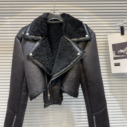 Faux-Leather Shearling Moto Jacket Cropped Winter Biker Coat - Rose In Concrete 🥀