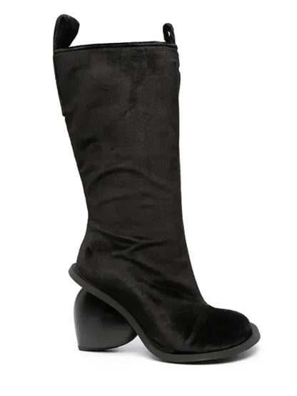 Heartbreak Heeled Mid-Calf Boots in black microfiber leather with curved heart heel, sculptural statement women’s fashion boot