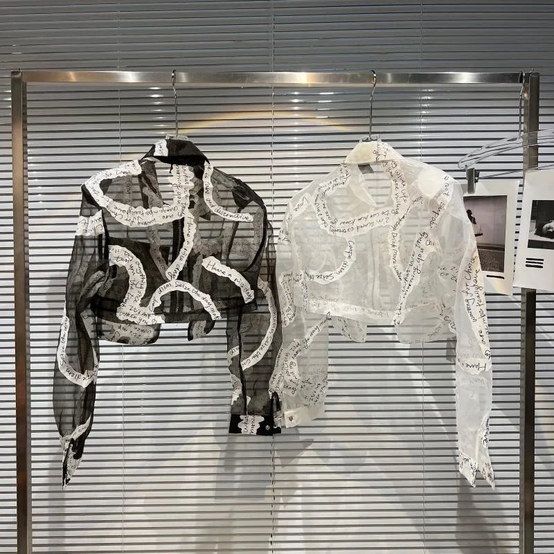 Transparent Mesh Crop Jacket – Turn-Down Collar & Lantern Sleeves - Rose In Concrete 🥀