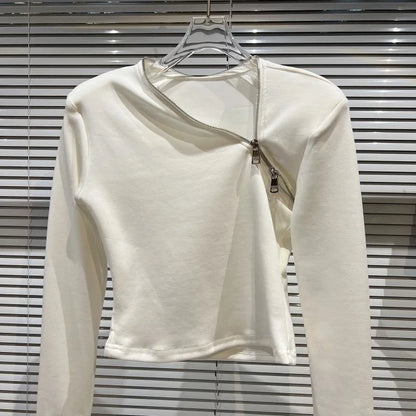 Asymmetric Zip Sculpt Long-Sleeve Top – Minimalist Streetwear Cutout Tee white long-sleeve with diagonal zipper and modern neckline