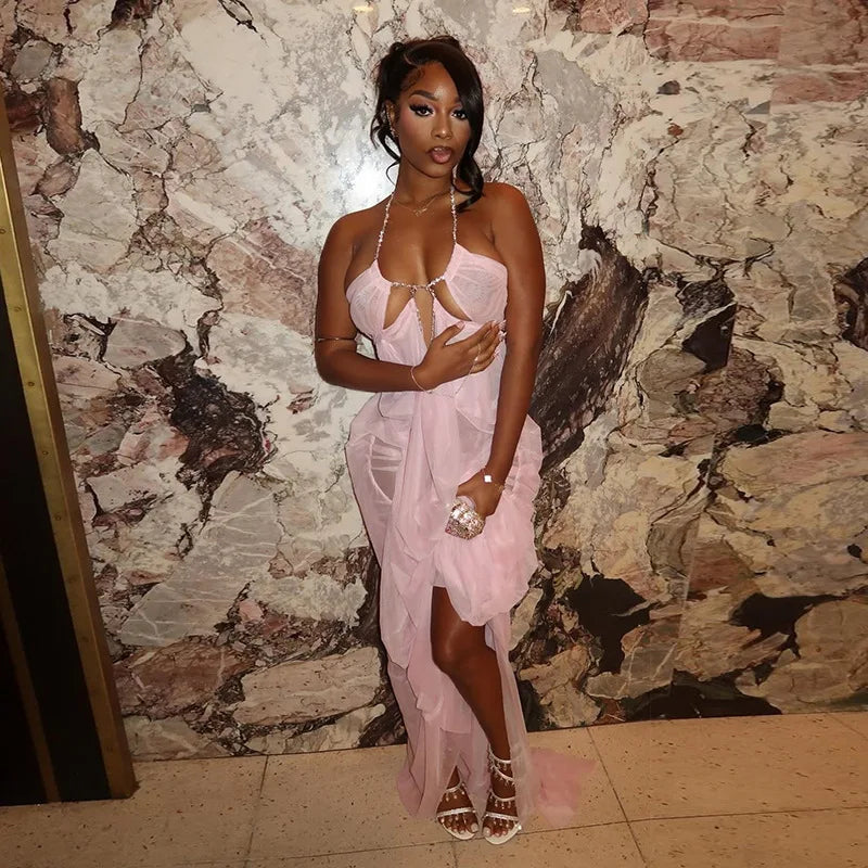 Rhinestone Halter Cutout Mesh Maxi Dress, product view 6 - Rose in Concrete