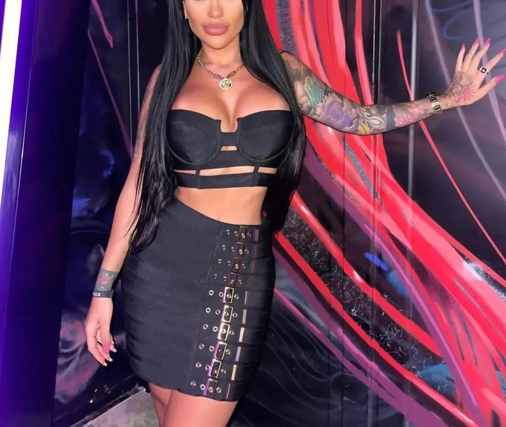 Sculpted Buckle Bandage 2-Piece Set black bustier crop top and buckle mini skirt, figure-sculpting bandage fit
