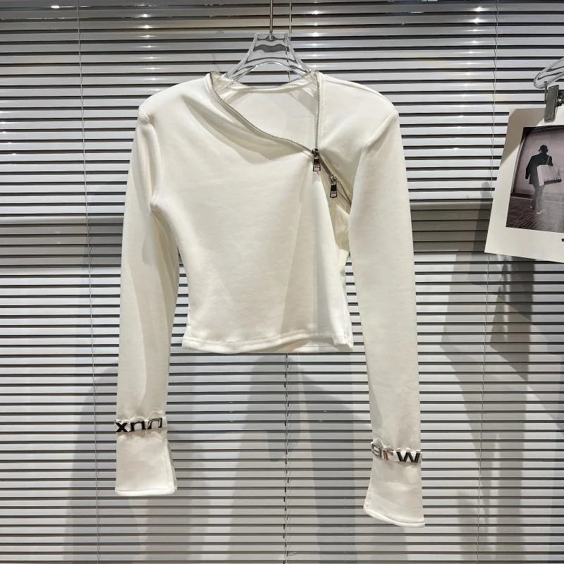 Asymmetric zip streetwear top displayed on a hanger, showcasing its minimalist design and unique cutout feature.