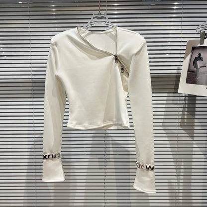 Asymmetric zip streetwear top displayed on a hanger, showcasing its minimalist design and unique cutout feature.