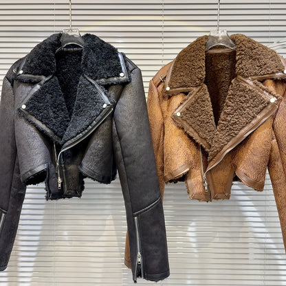 Faux-Leather Shearling Moto Jacket Cropped Winter Biker Coat - Rose In Concrete 🥀