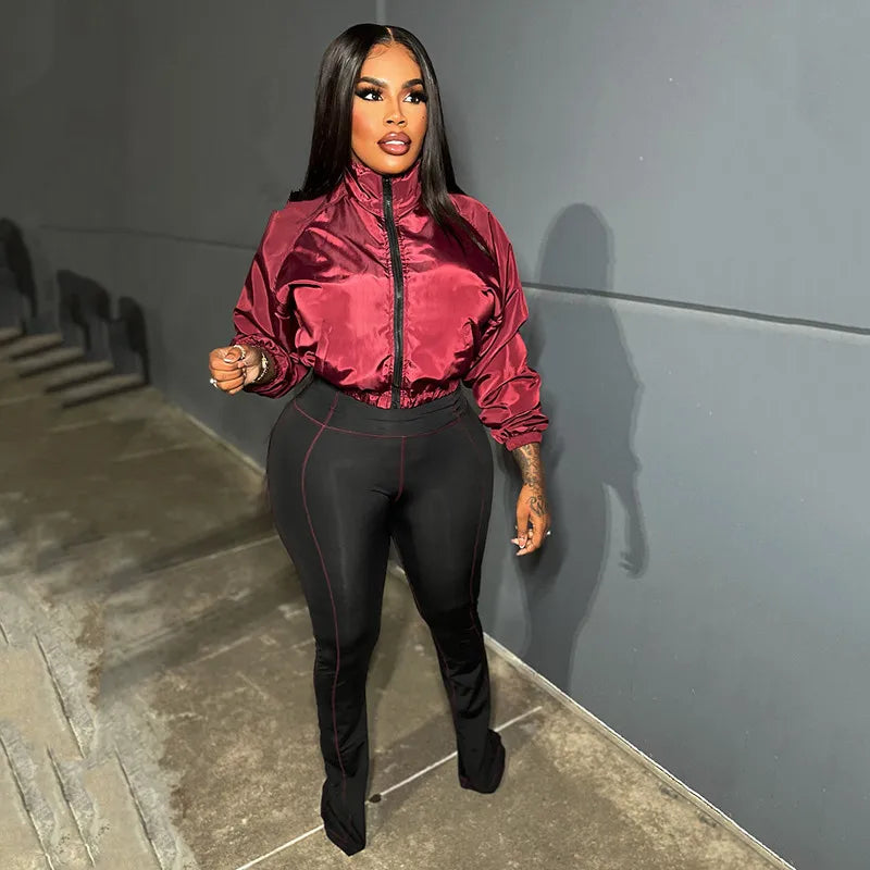 Alt Tag: Velocity Luxe Zip-Front Active 2-Piece Set | Contrast Stitch Leggings & Cropped Jacket glossy cropped jacket and contrast stitch leggings