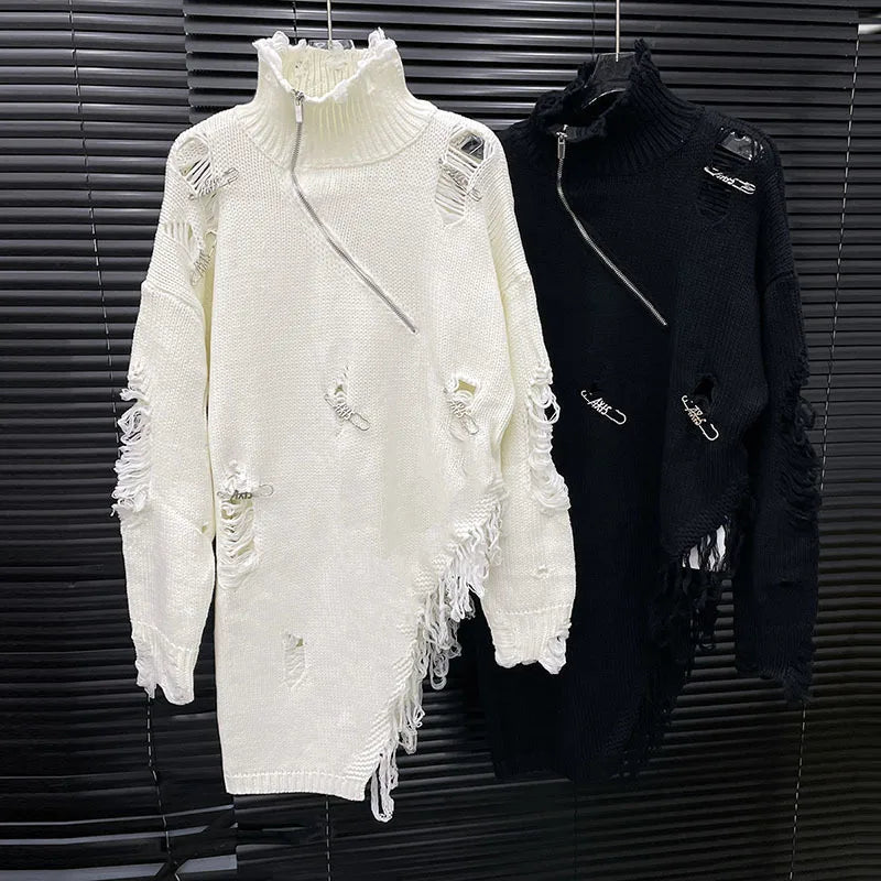 Distressed Half-Zip High Collar Knit Sweater in white and black with shredded detailing, asymmetrical hem, oversized streetwear fit