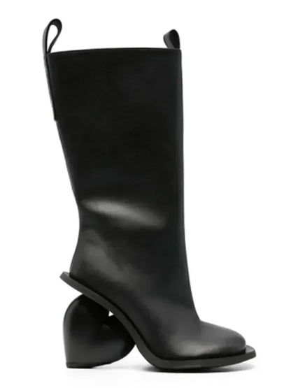 Alt Tag: Heartbreak Heeled Mid-Calf Boots in black microfiber leather with sculptural curved heart heel, runway-ready statement women’s fashion