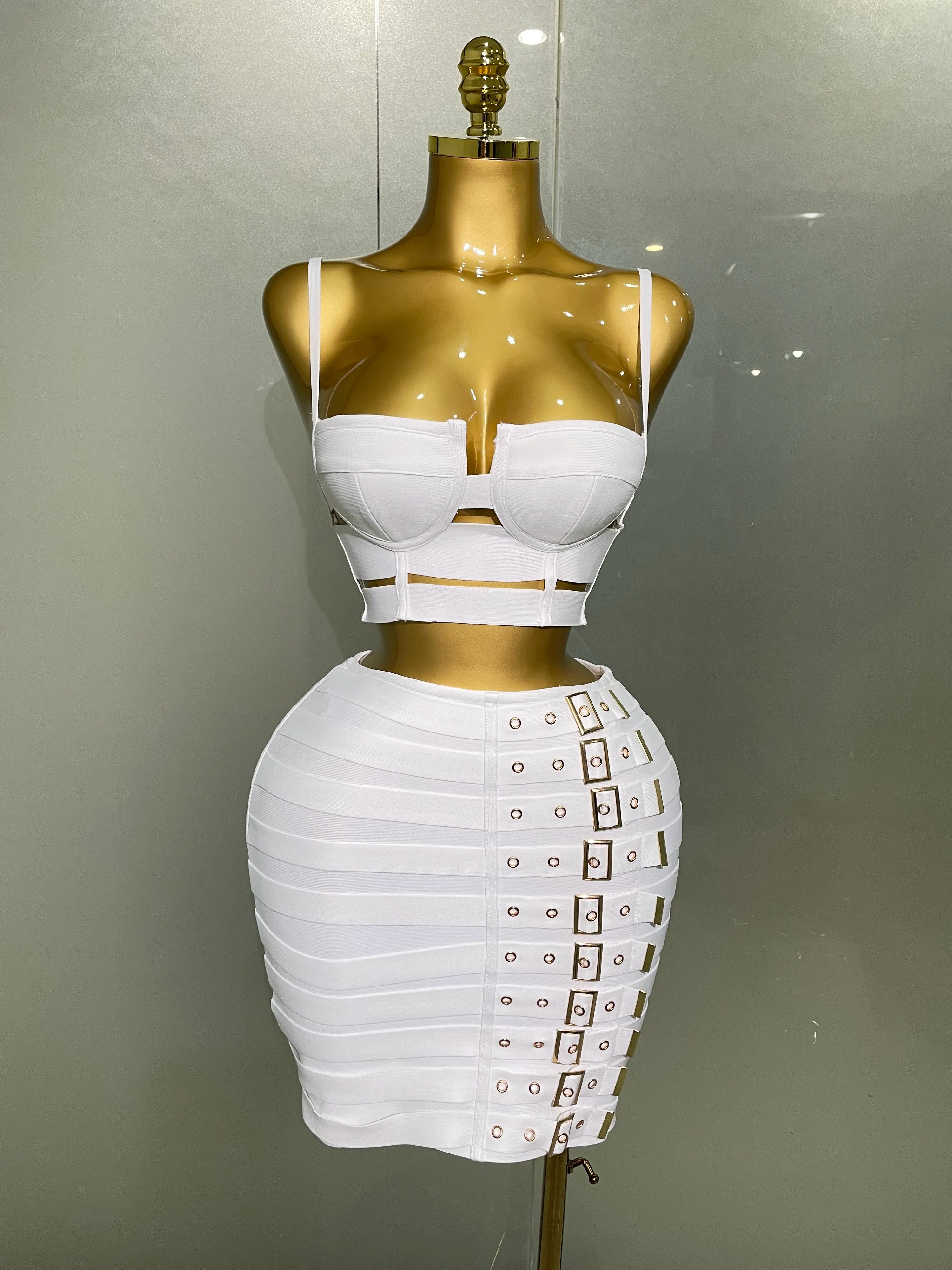 Sculpted Buckle Bandage 2-Piece Set featuring a body-hugging design, perfect for a glamorous look.