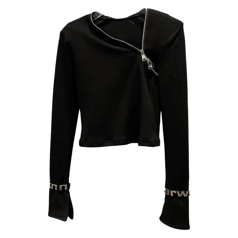 Asymmetric zip long sleeve top featuring sculpted stretch fabric and wrist accents, ideal for minimalist streetwear.