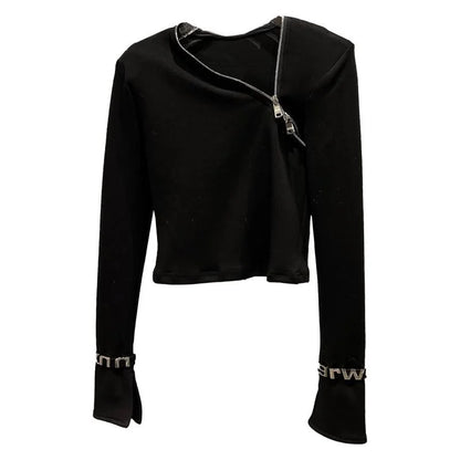 Asymmetric zip long sleeve top featuring sculpted stretch fabric and wrist accents, ideal for minimalist streetwear.