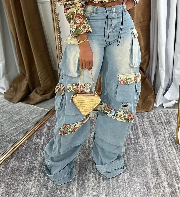 Alt Tag: Floral Bomber Crop Jacket & Cargo Patchwork Wide-Leg Jean Set featuring high-waisted wide-leg cargo jeans with floral patchwork panels