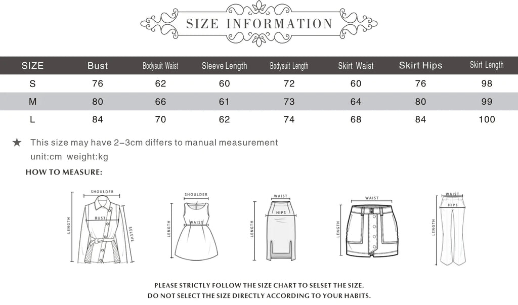 Alt Tag: Black Velvet + Mesh Illusion size chart with bust, bodysuit waist, sleeve length, skirt waist, hips and length measurements