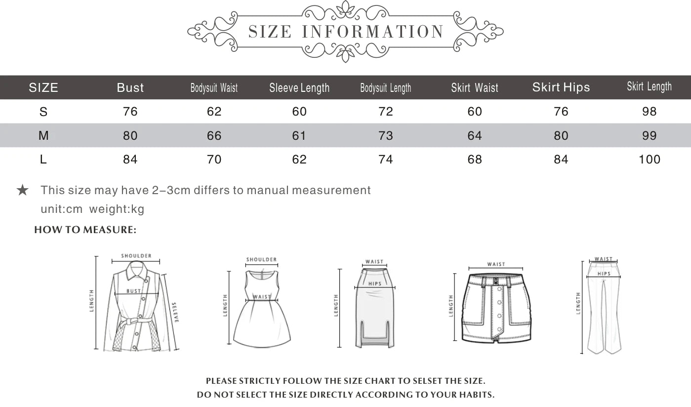 Alt Tag: Black Velvet + Mesh Illusion size chart with bust, bodysuit waist, sleeve length, skirt waist, hips and length measurements