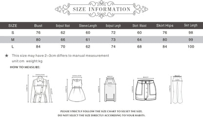Alt Tag: Black Velvet + Mesh Illusion size chart with bust, bodysuit waist, sleeve length, skirt waist, hips and length measurements