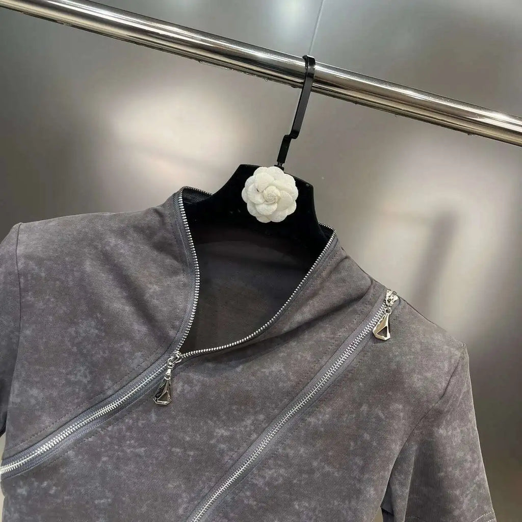 Asymmetry Edge Zip Top - Rose In Concrete 🥀