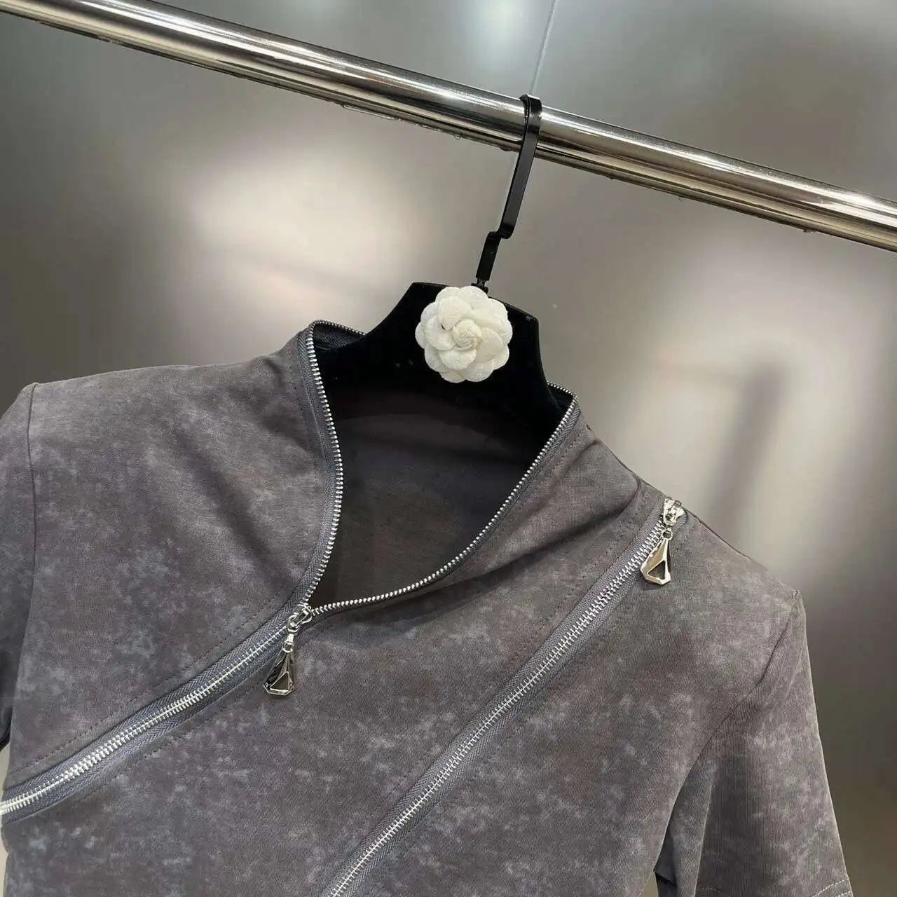 Asymmetry Edge Zip Top - Rose In Concrete 🥀