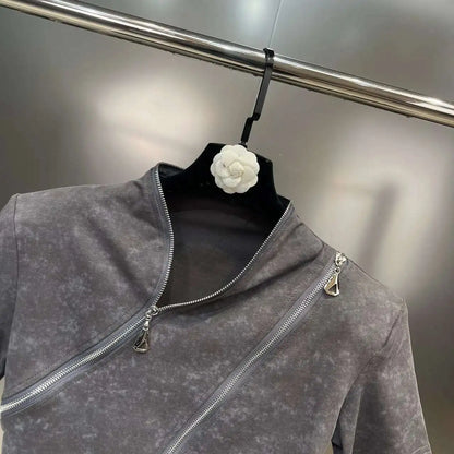 Asymmetry Edge Zip Top - Rose In Concrete 🥀