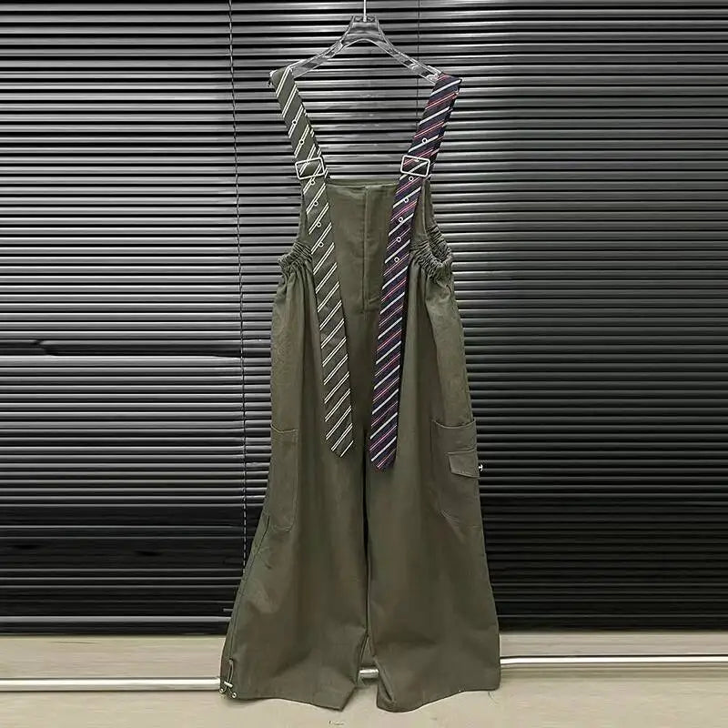 Executive Street Suspender Jumpsuit wide-leg high-waist jumpsuit with detachable tie-style suspenders, olive green streetwear look