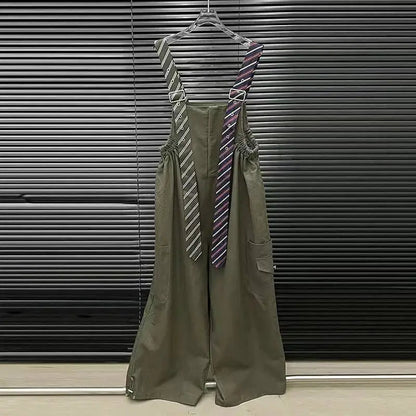 Executive Street Suspender Jumpsuit wide-leg high-waist jumpsuit with detachable tie-style suspenders, olive green streetwear look