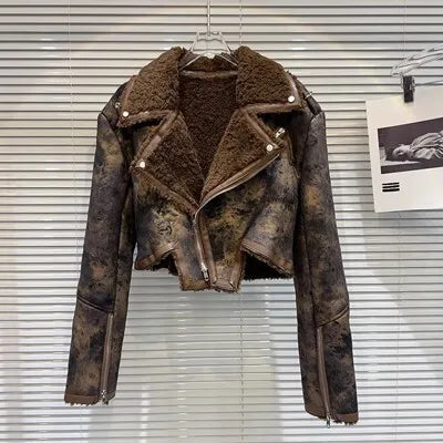 Faux-Leather Shearling Moto Jacket Cropped Winter Biker Coat - Rose In Concrete 🥀