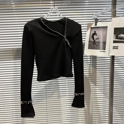 Alt Tag: Asymmetric Zip Sculpt Long-Sleeve Top – Minimalist Streetwear Cutout Tee black long-sleeve top with diagonal zipper and wrist accents