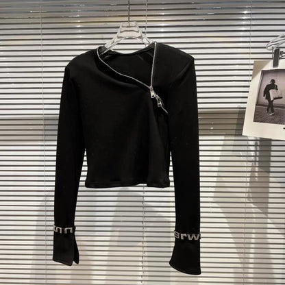 Asymmetric zip streetwear top displayed on hanger, showcasing its unique design and minimalist style.