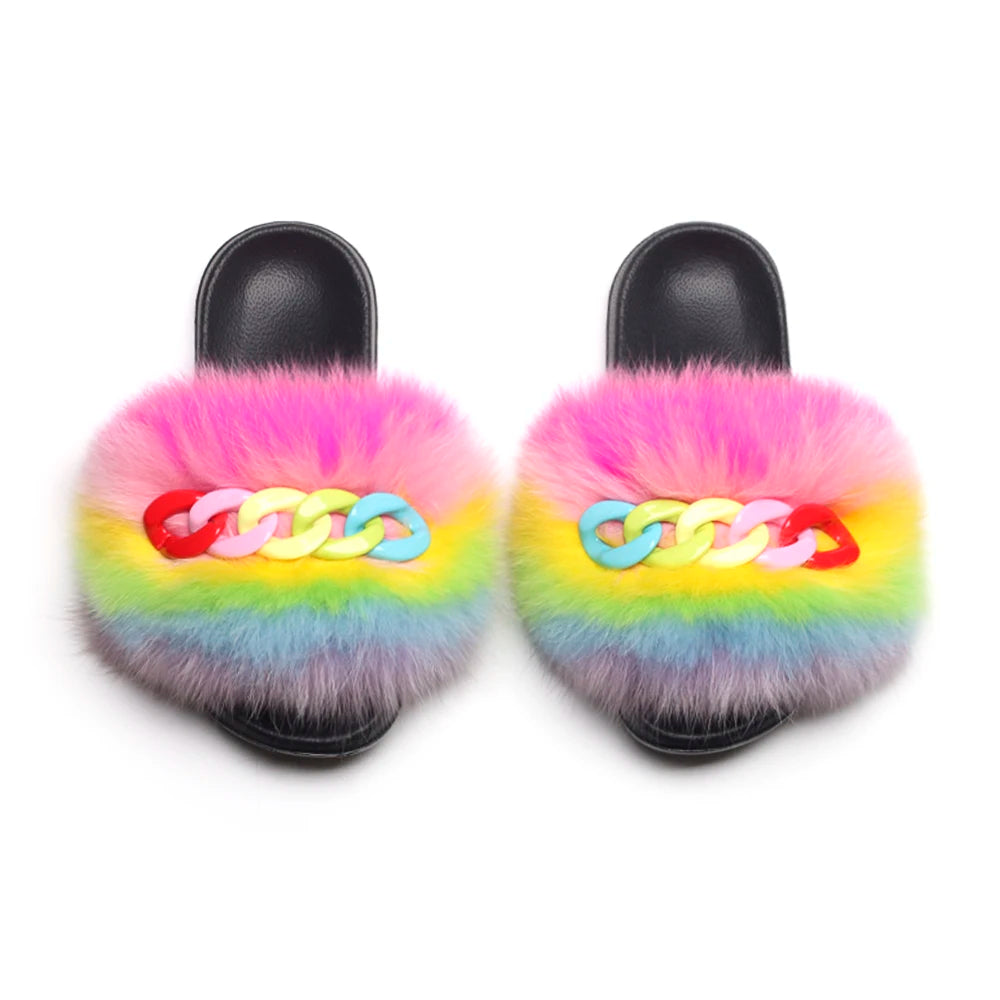 Women’s Fluffy Fox Fur Chain Slides