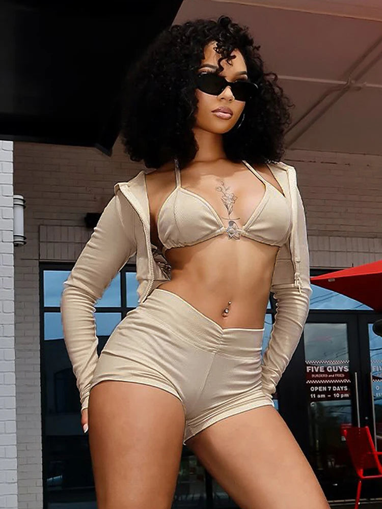 Heartline 3-Piece Halter Bra, Zip Hoodie & Shorts Set, product view 7 - Rose in Concrete
