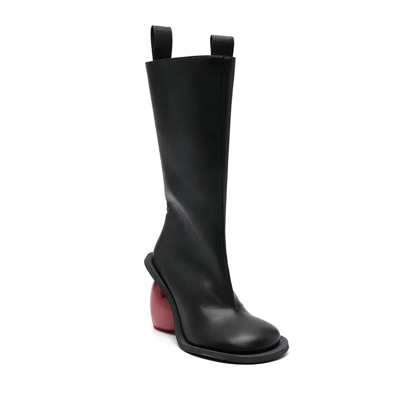 Heartbreak Heeled Mid-Calf Boots black microfiber leather womens mid-calf boot with curved heart heel, fashion statement footwear