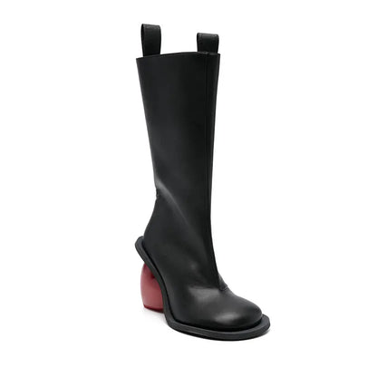 Heartbreak Heeled Mid-Calf Boots black microfiber leather womens mid-calf boot with curved heart heel, fashion statement footwear