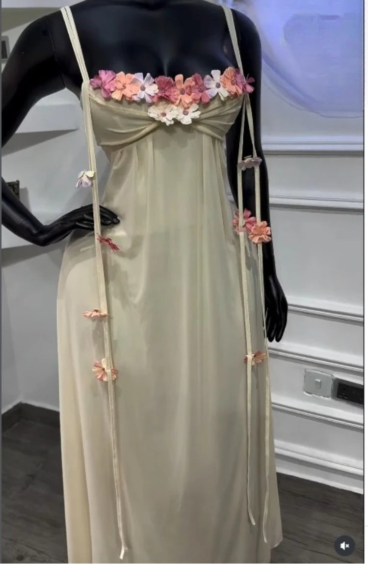 Garden Muse Floral Appliqué Mesh Maxi Dress, product view 3 - Rose in Concrete