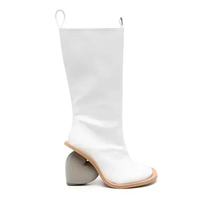 Alt Tag: Heartbreak Heeled Mid-Calf Boots in white microfiber leather with curved heart heel, sculptural mid-calf fashion boot