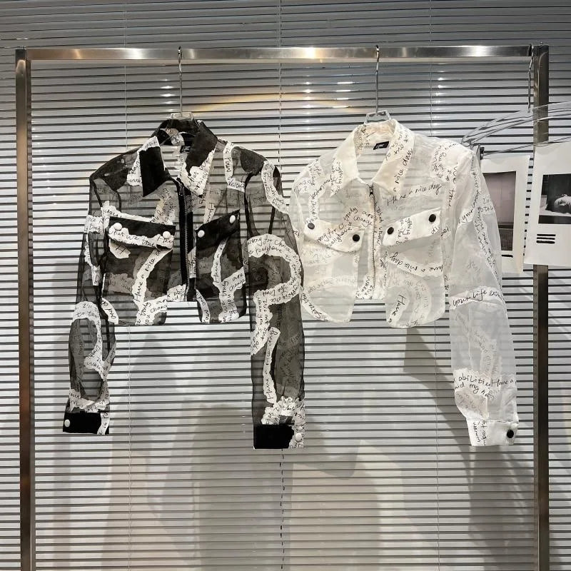 Transparent Mesh Crop Jacket – Turn-Down Collar & Lantern Sleeves - Rose In Concrete 🥀