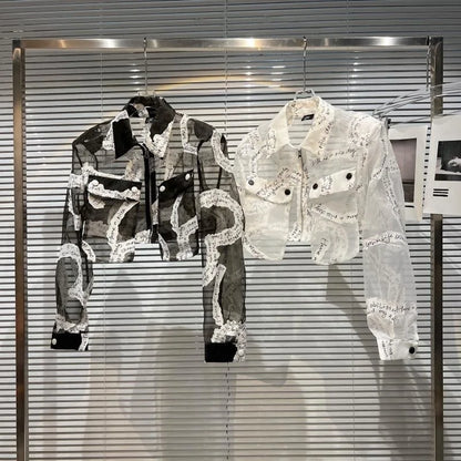 Transparent Mesh Crop Jacket – Turn-Down Collar & Lantern Sleeves - Rose In Concrete 🥀