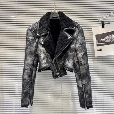 Faux-Leather Shearling Moto Jacket Cropped Winter Biker Coat - Rose In Concrete 🥀