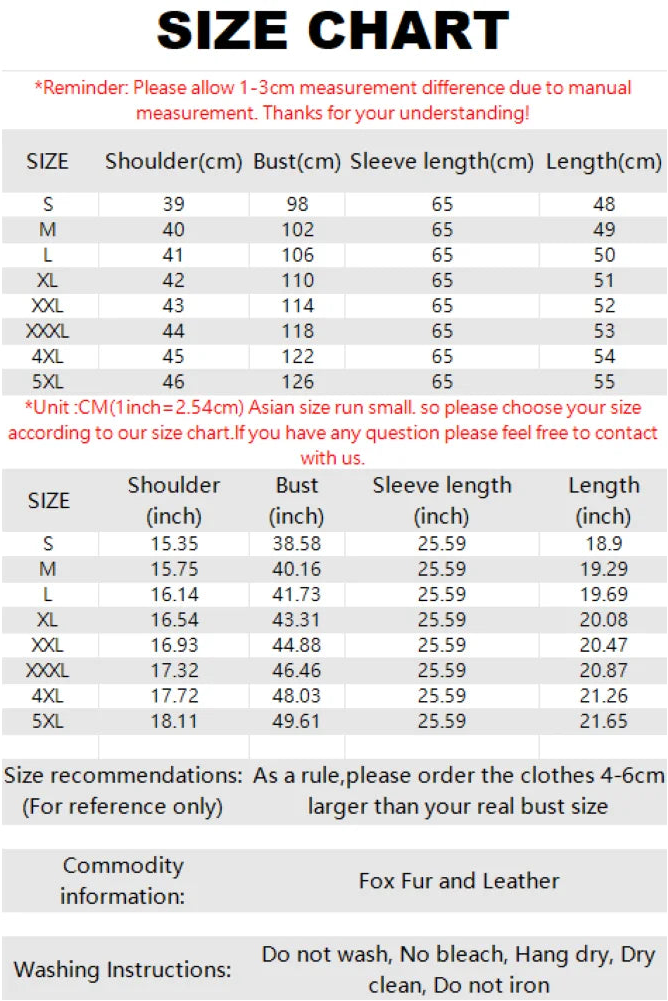Shearling Luxe Fur-Collar Leather Jacket – Premium Winter Outerwear size chart with shoulder, bust, sleeve length, and length measurements